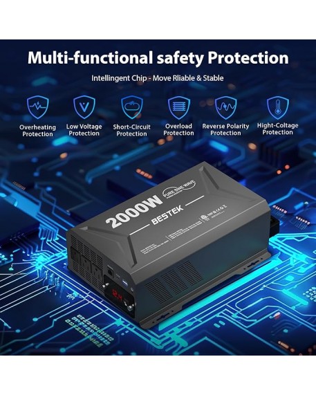 Bestek 2000 Watt Pure Sine Wave Power Inverter 12V DC to 110V AC with 3 AC Outlets PD30W USBC QC18W Remote Controller LED Display